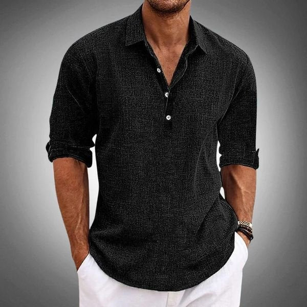 Men's Linen Polo Shirt | Henley Placket Airy Fit Side