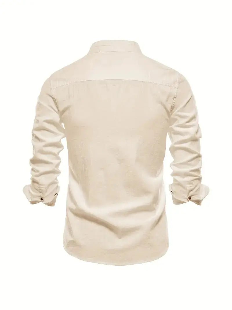 Men's Linen Stand Collar Shirt | Long Sleeve Smart Casual Close Up