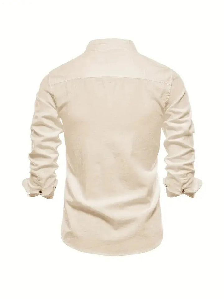 Men's Linen Stand Collar Shirt | Long Sleeve Smart Casual Close Up