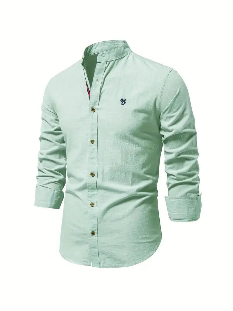 Men's Linen Stand Collar Shirt | Long Sleeve Smart Casual Detail