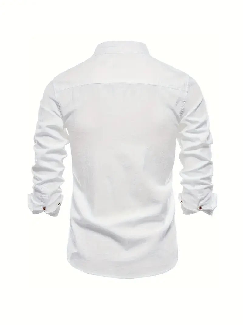 Men's Linen Stand Collar Shirt | Long Sleeve Smart Casual Front