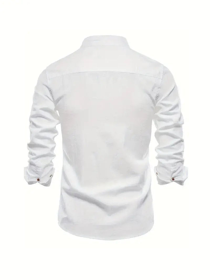 Men's Linen Stand Collar Shirt | Long Sleeve Smart Casual Front