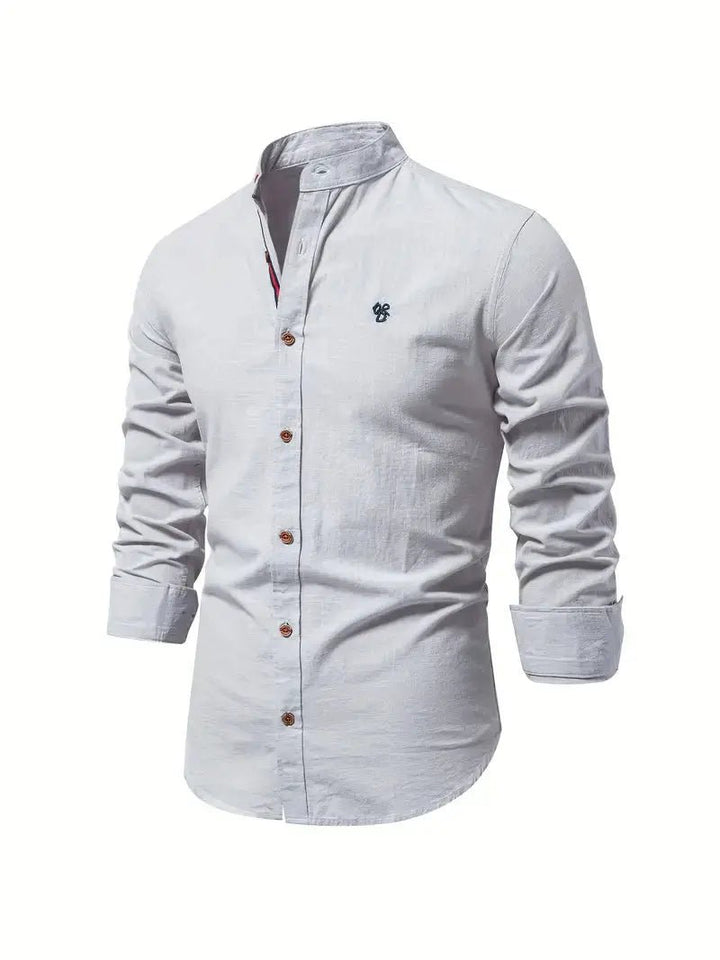 Men's Linen Stand Collar Shirt | Long Sleeve Smart Casual Full