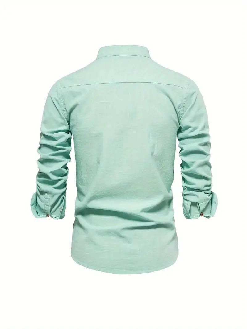 Men's Linen Stand Collar Shirt | Long Sleeve Smart Casual Side