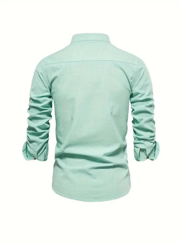 Men's Linen Stand Collar Shirt | Long Sleeve Smart Casual Side