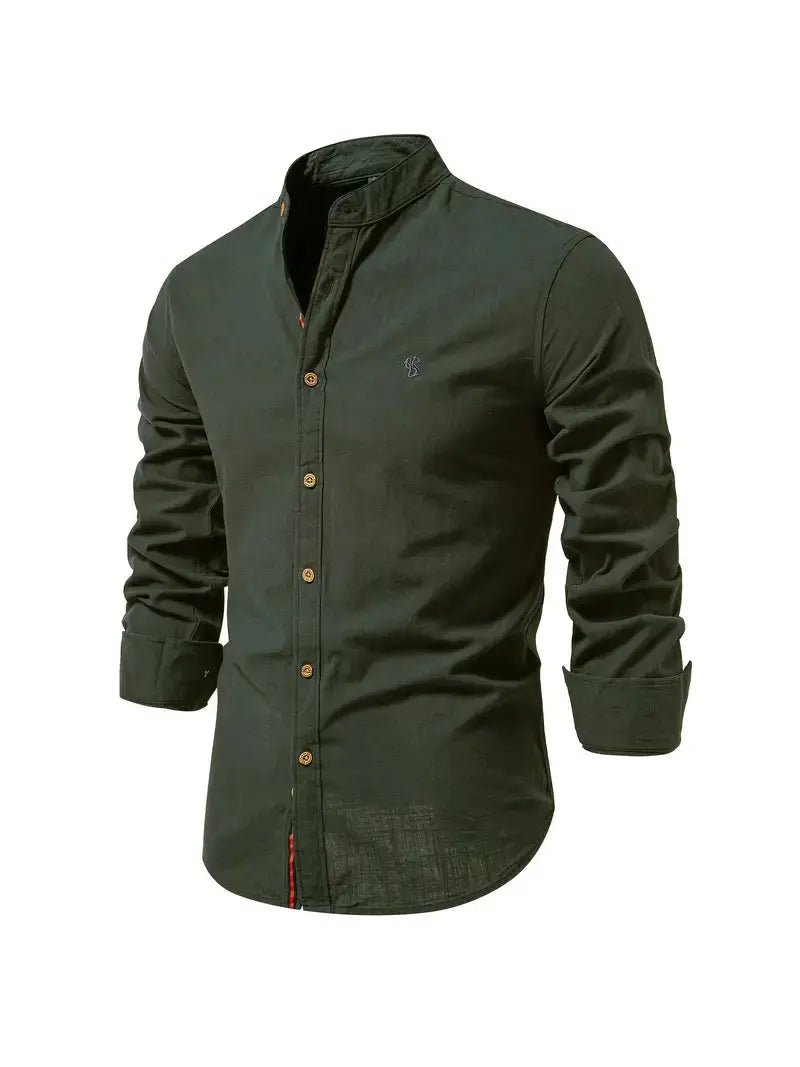 Men's Linen Stand Collar Shirt | Long Sleeve Smart Casual View 14