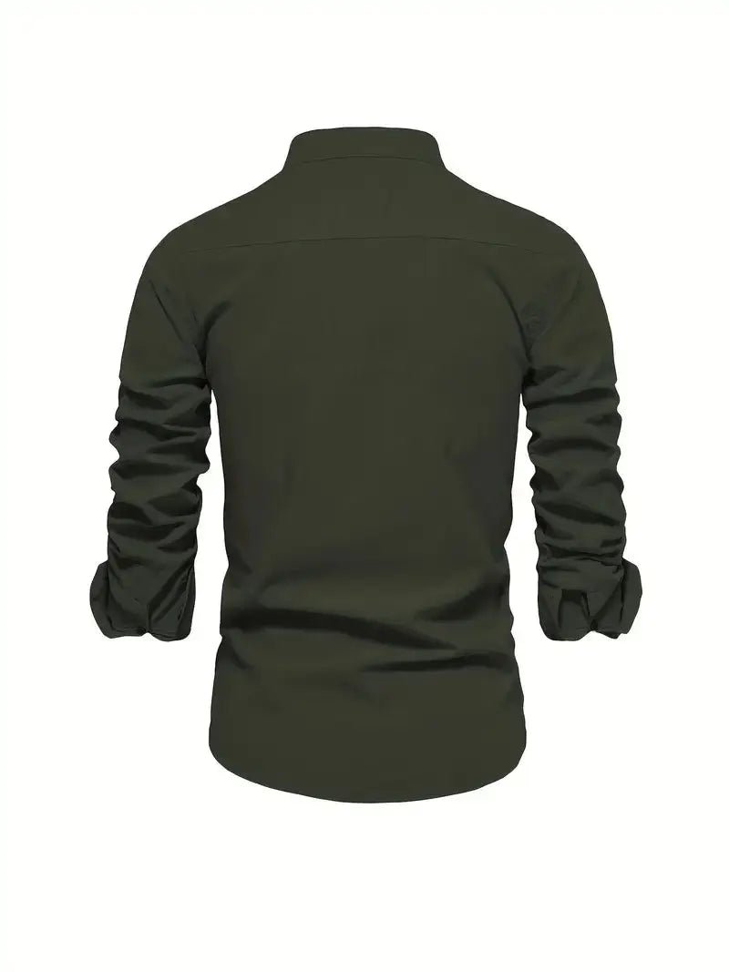 Men's Linen Stand Collar Shirt | Long Sleeve Smart Casual View 15