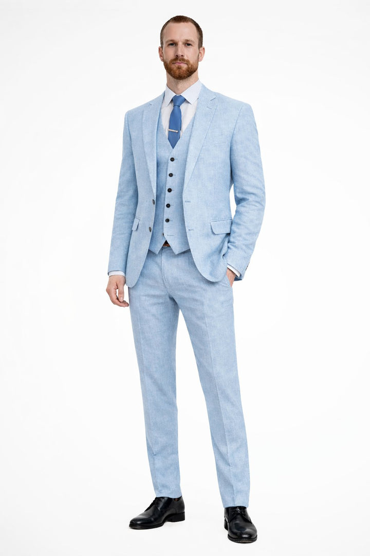Men's Linen Three Piece Wedding Guest Suit | Blazer Waistcoat Trousers Set Close Up