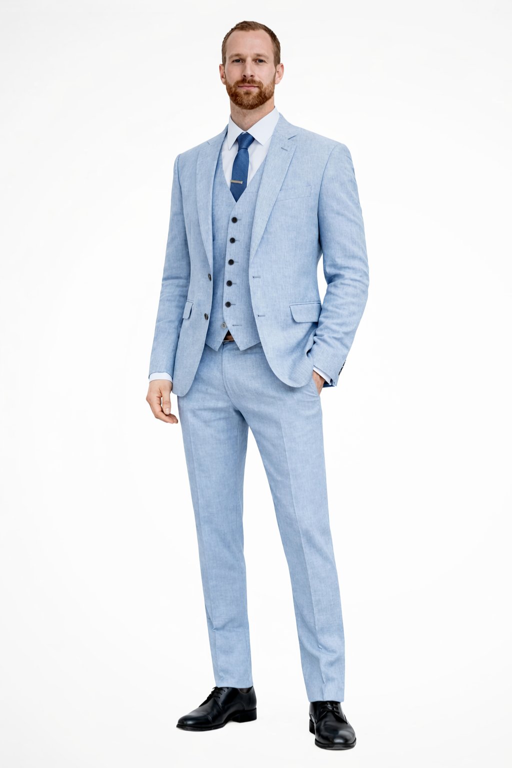 Men's Linen Three Piece Wedding Guest Suit | Blazer Waistcoat Trousers Set Detail
