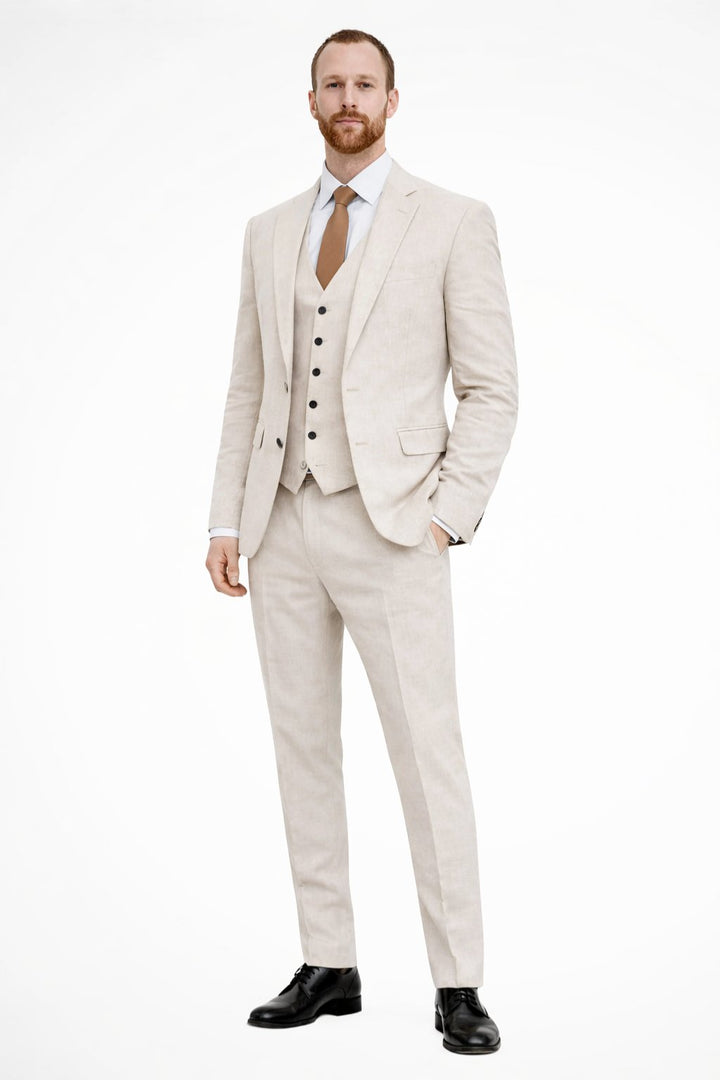 Men's Linen Three Piece Wedding Guest Suit | Blazer Waistcoat Trousers Set Front