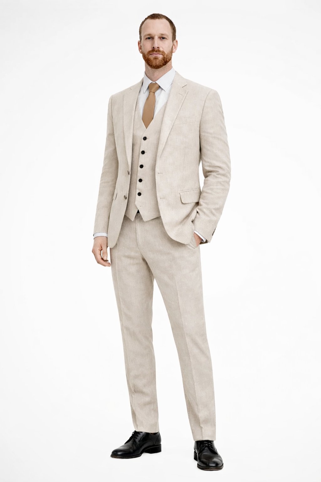 Men's Linen Three Piece Wedding Guest Suit | Blazer Waistcoat Trousers Set Lifestyle