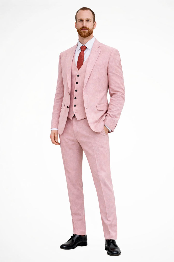 Men's Linen Three Piece Wedding Guest Suit | Blazer Waistcoat Trousers Set Side