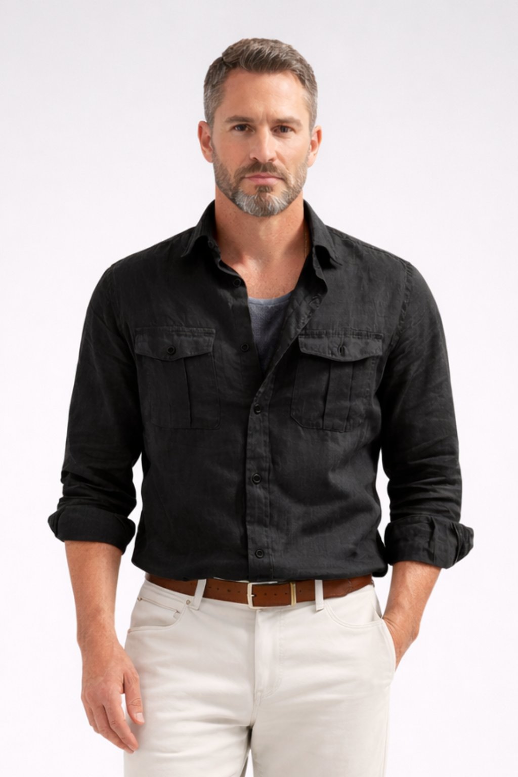 Men's Long Sleeve Cotton Linen Casual Shirt | Dual Chest Pockets Hero