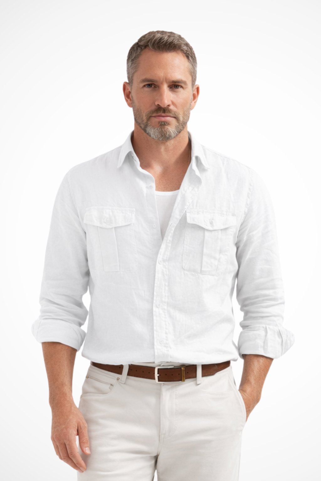 Men's Long Sleeve Cotton Linen Casual Shirt | Dual Chest Pockets Side