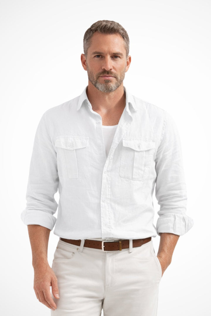 Men's Long Sleeve Cotton Linen Casual Shirt | Dual Chest Pockets Side
