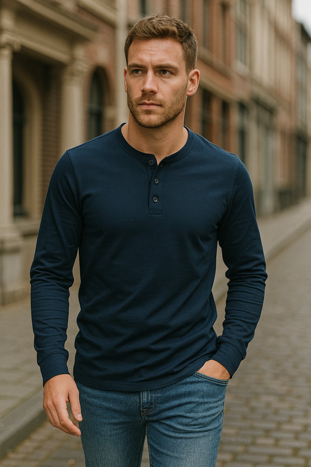 Men's Long Sleeve Henley Shirt | Button Placket City Fit Full