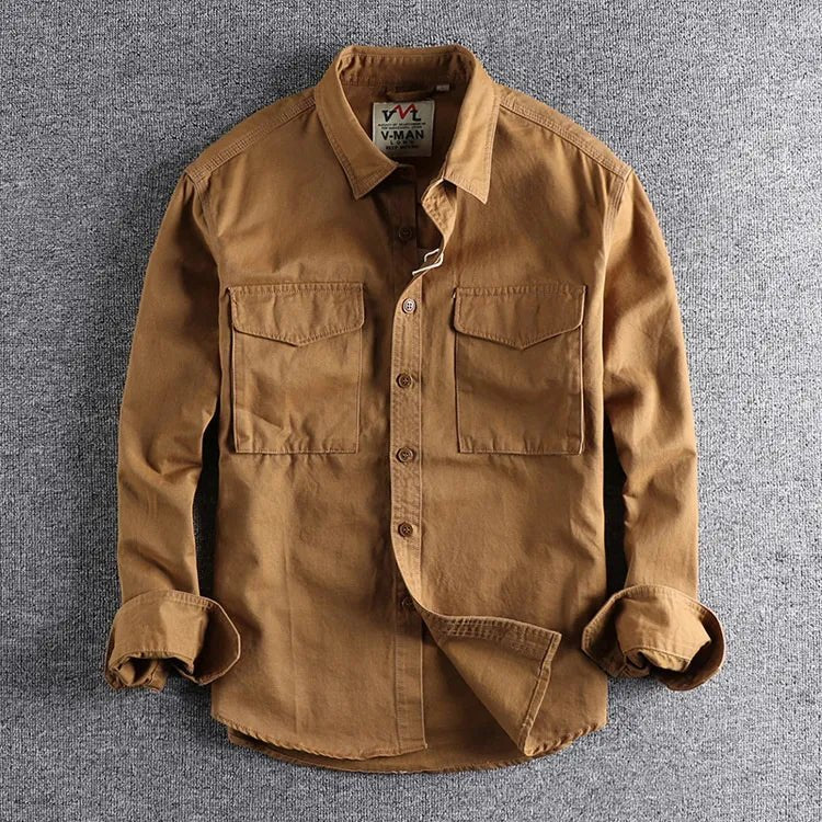 Men's Long Sleeve Pocket Shirt with Dual Chest Pockets Front