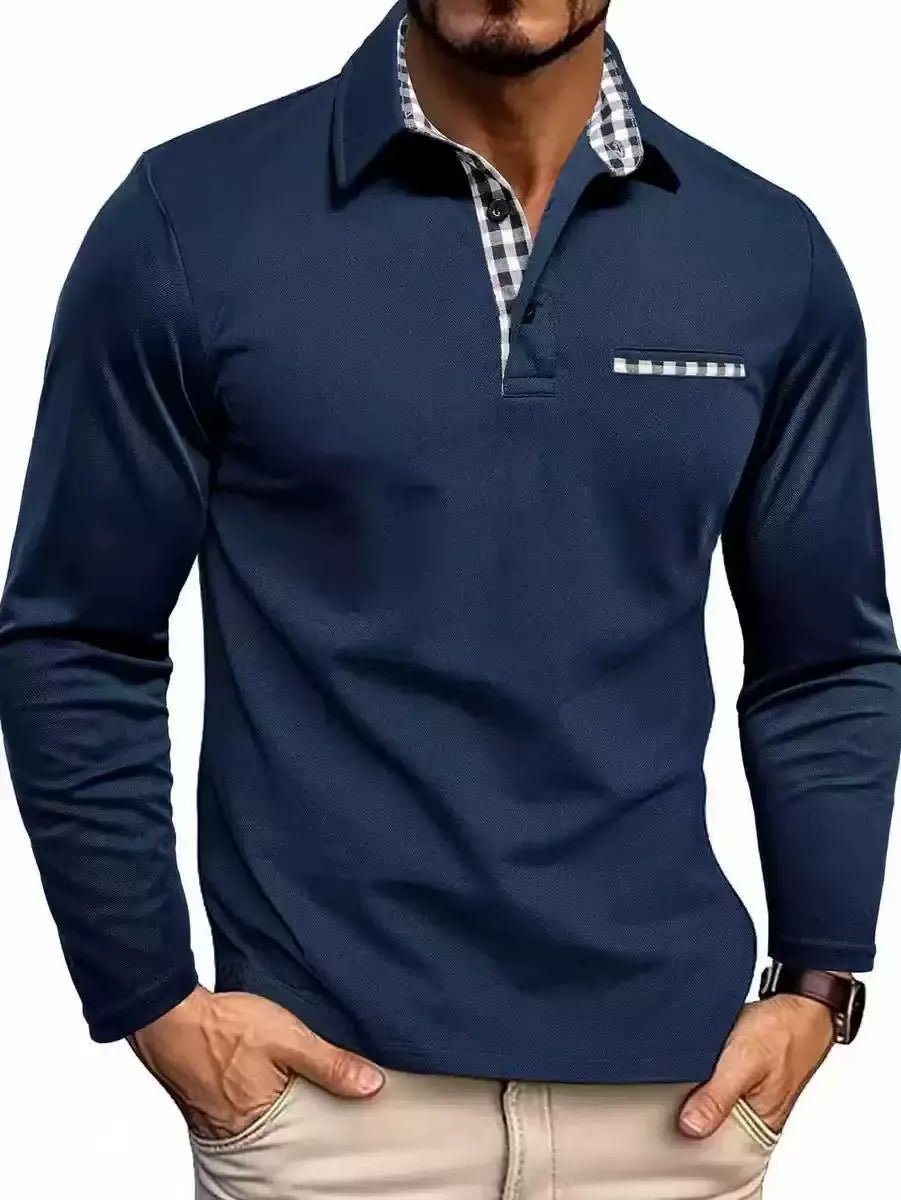Men's Long Sleeve Polo with Plaid Contrast Collar Alternate