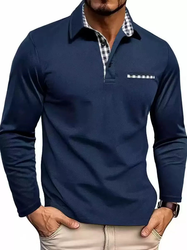 Men's Long Sleeve Polo with Plaid Contrast Collar Alternate