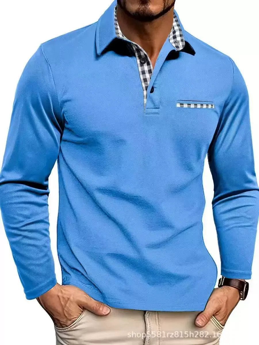 Men's Long Sleeve Polo with Plaid Contrast Collar Angle