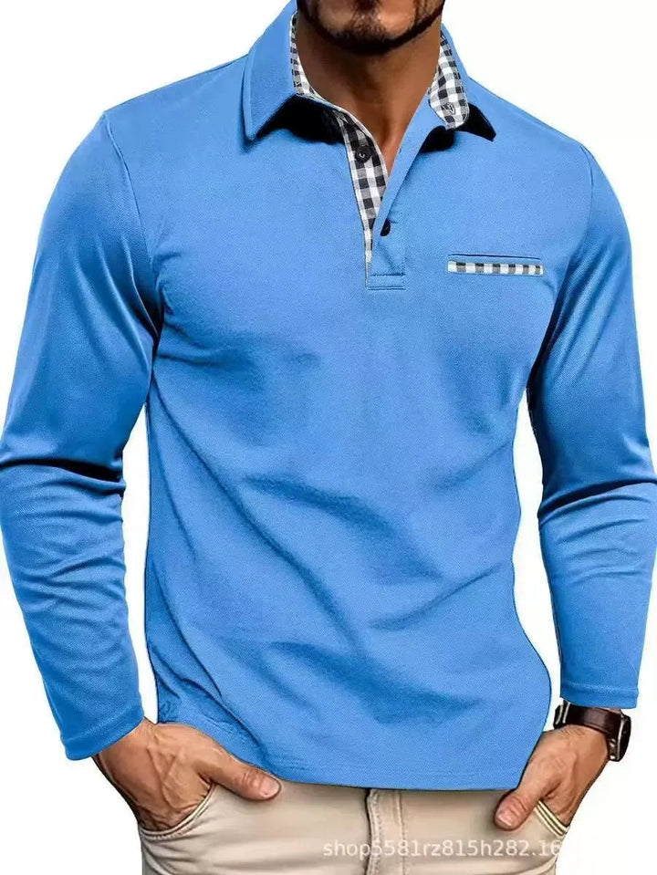 Men's Long Sleeve Polo with Plaid Contrast Collar Angle
