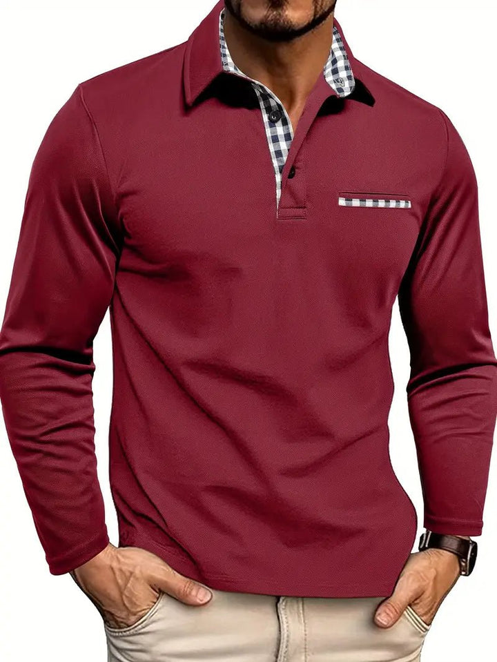 Men's Long Sleeve Polo with Plaid Contrast Collar Back