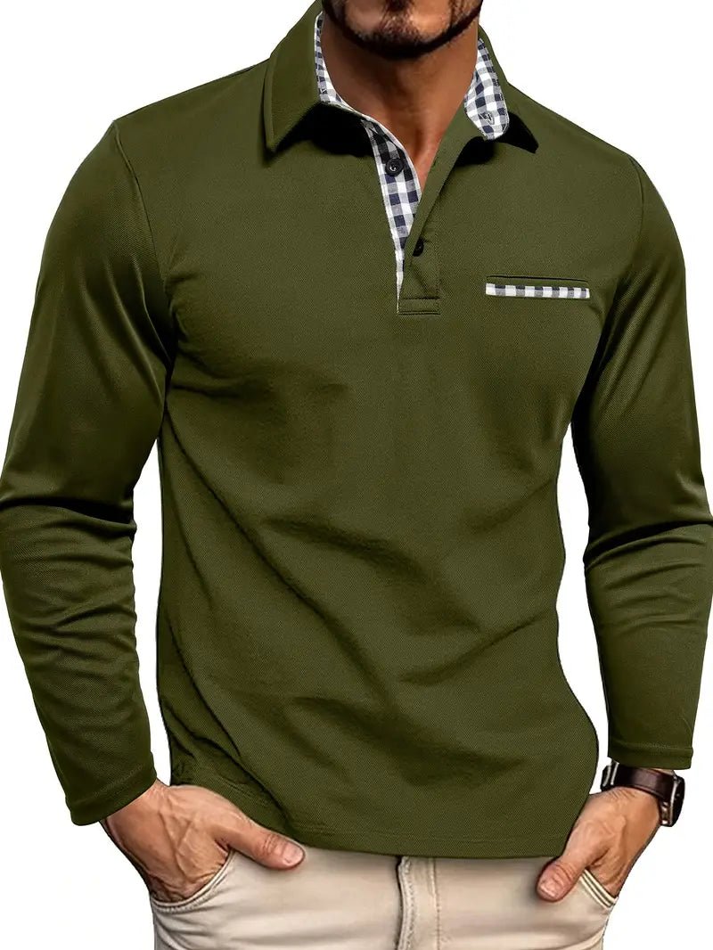 Men's Long Sleeve Polo with Plaid Contrast Collar Close Up