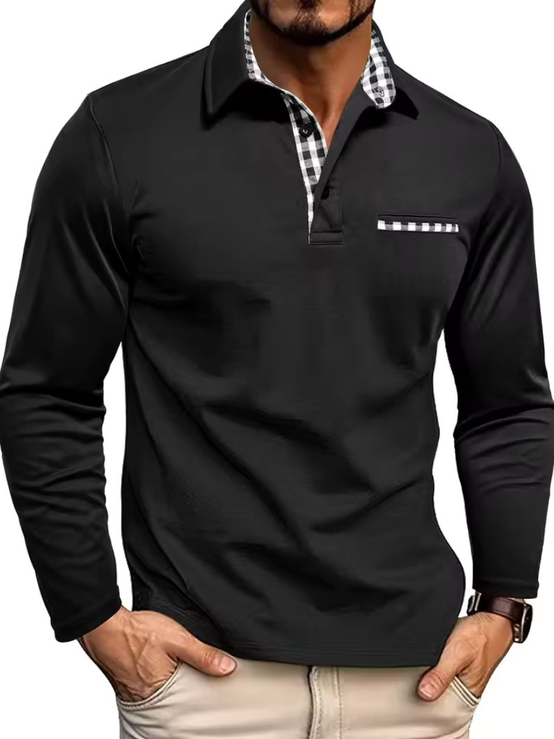 Men's Long Sleeve Polo with Plaid Contrast Collar Detail
