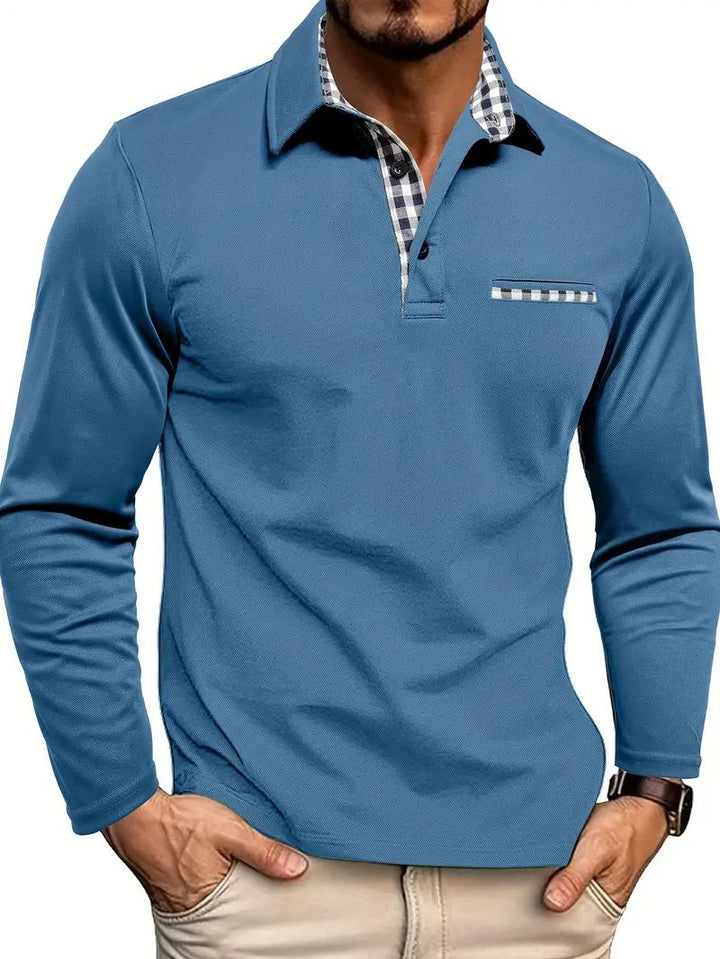 Men's Long Sleeve Polo with Plaid Contrast Collar Front