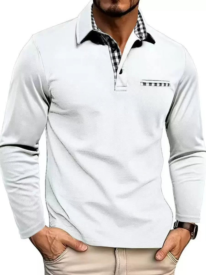 Men's Long Sleeve Polo with Plaid Contrast Collar Full