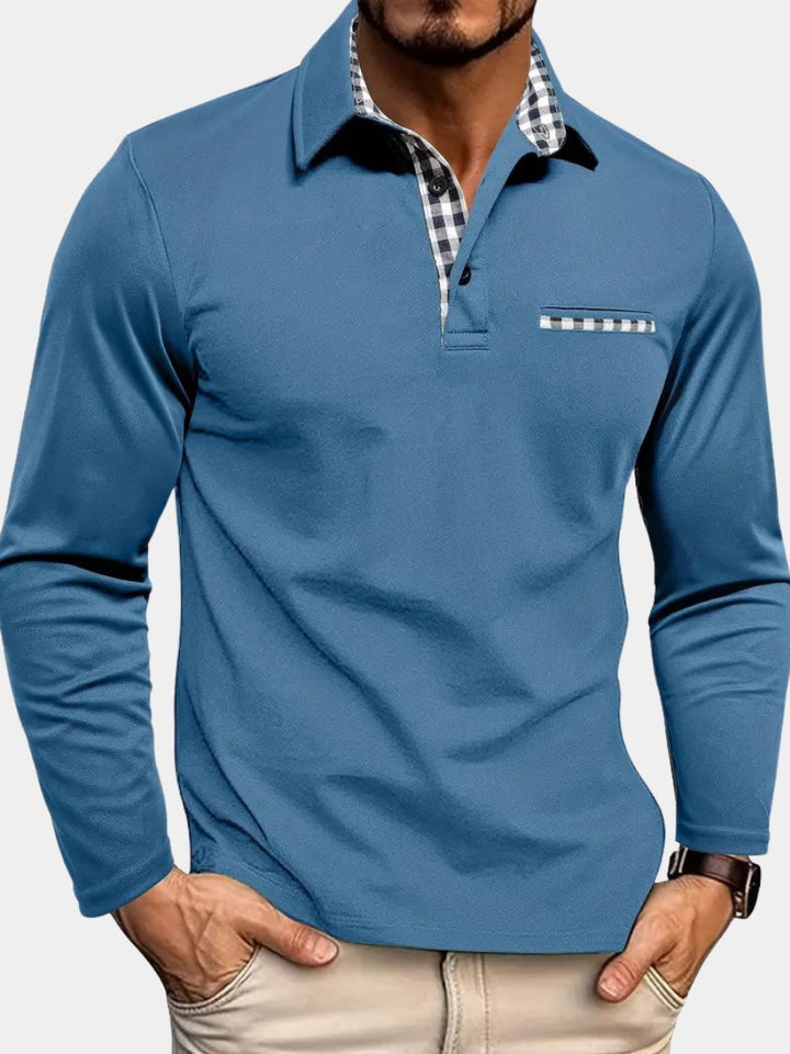 Men's Long Sleeve Polo with Plaid Contrast Collar Hero