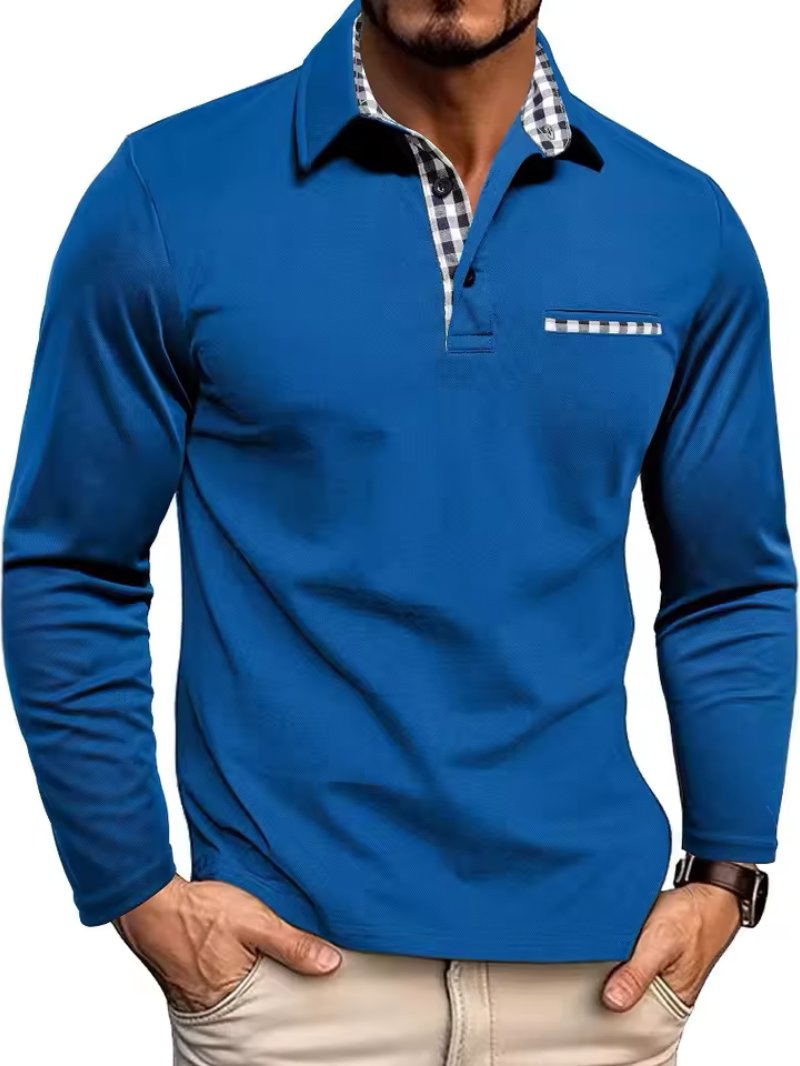 Men's Long Sleeve Polo with Plaid Contrast Collar Lifestyle