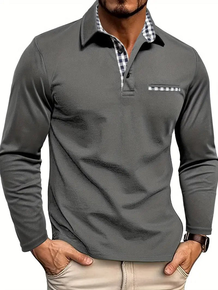 Men's Long Sleeve Polo with Plaid Contrast Collar Side