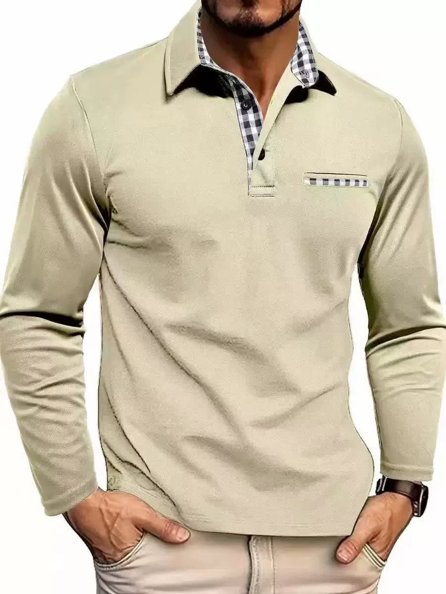 Men's Long Sleeve Polo with Plaid Contrast Collar View 11