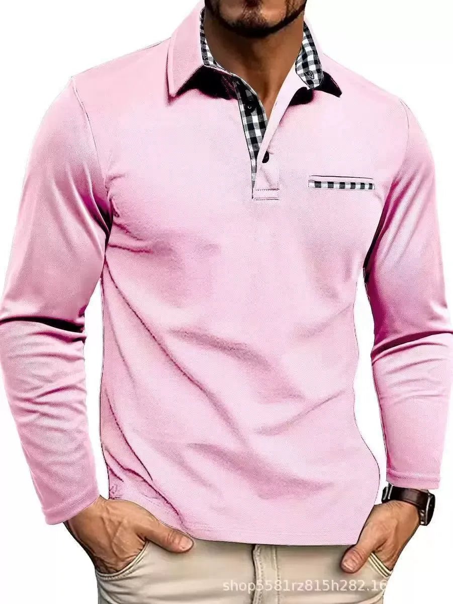 Men's Long Sleeve Polo with Plaid Contrast Collar View 12
