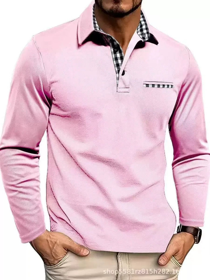 Men's Long Sleeve Polo with Plaid Contrast Collar View 12