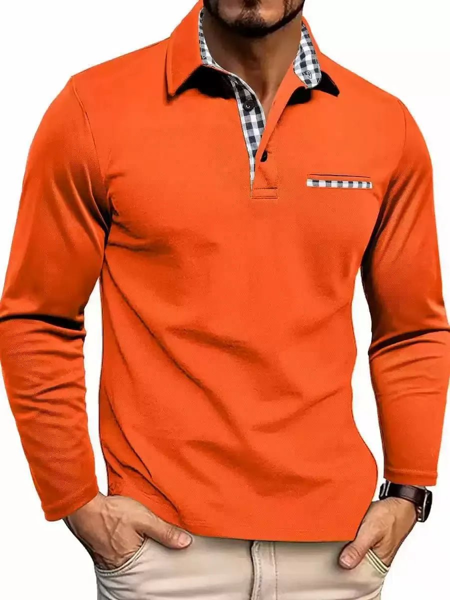 Men's Long Sleeve Polo with Plaid Contrast Collar View 13