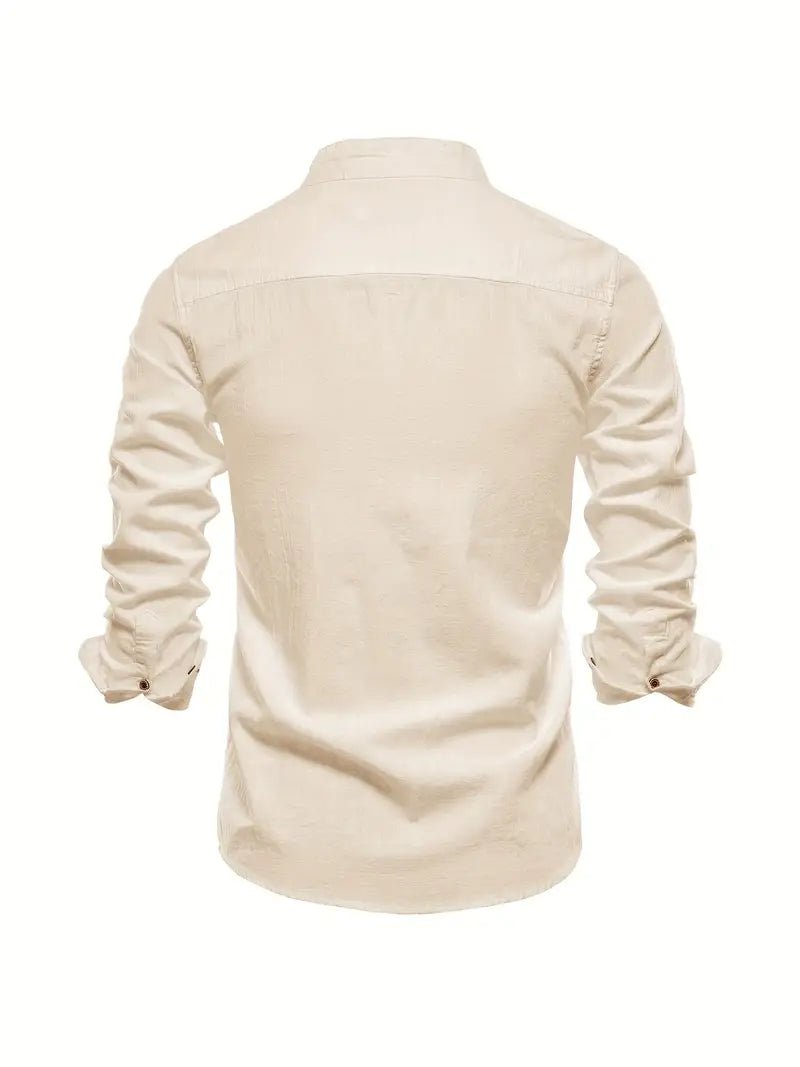 Men's Long Sleeve Slim Fit Shirt | Mandarin Collar Smart Casual Close Up
