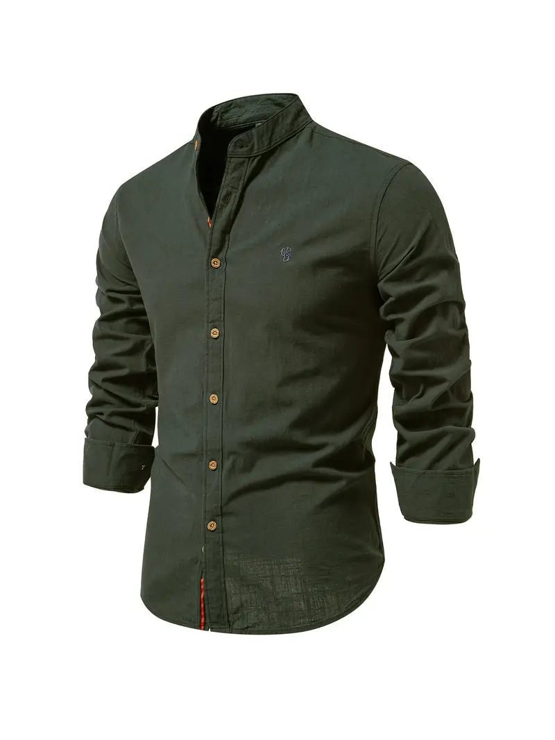 Men's Long Sleeve Slim Fit Shirt | Mandarin Collar Smart Casual View 15