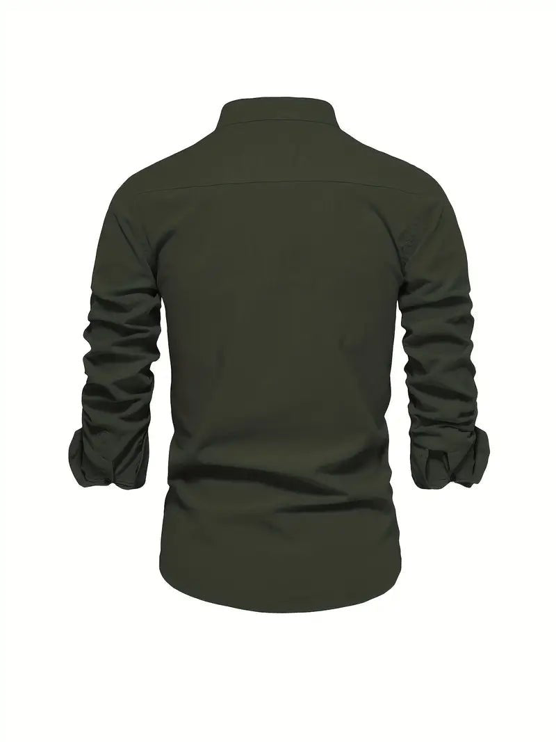 Men's Long Sleeve Slim Fit Shirt | Mandarin Collar Smart Casual View 16