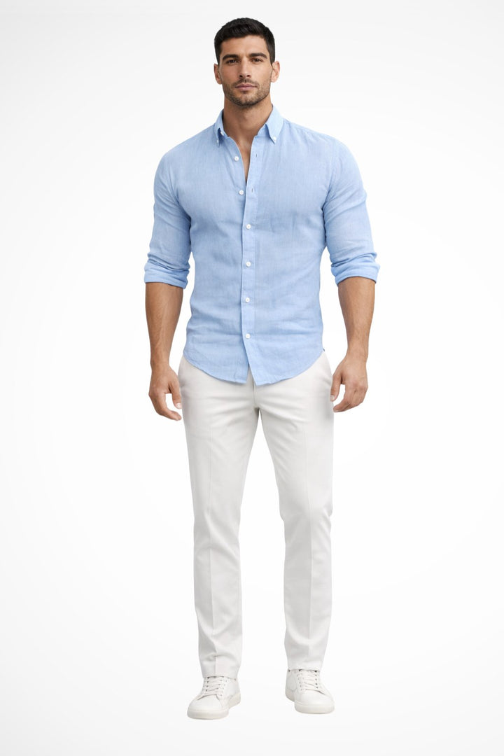 Men's Loose Fit Cotton Casual Shirt | Long Sleeve Curved Hem Close Up