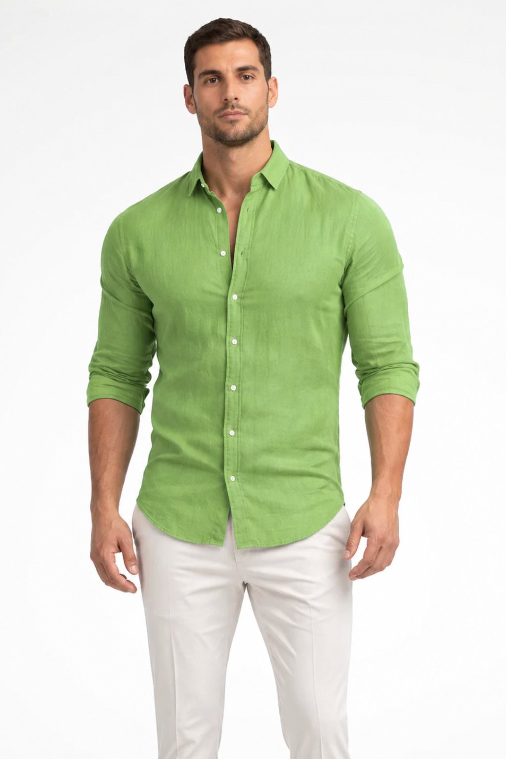 Men's Loose Fit Cotton Casual Shirt | Long Sleeve Curved Hem Front