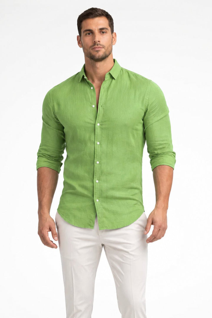 Men's Loose Fit Cotton Casual Shirt | Long Sleeve Curved Hem Front
