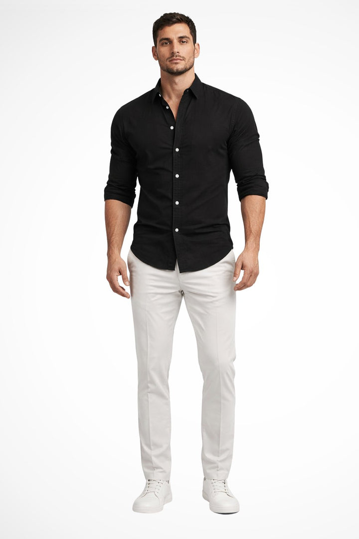 Men's Loose Fit Cotton Casual Shirt | Long Sleeve Curved Hem Side