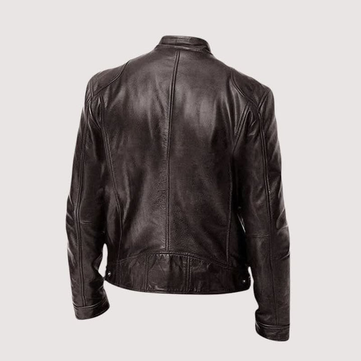 Men's Mandarin Collar Leather Jacket | Clean Cut Versatile Fit Alternate