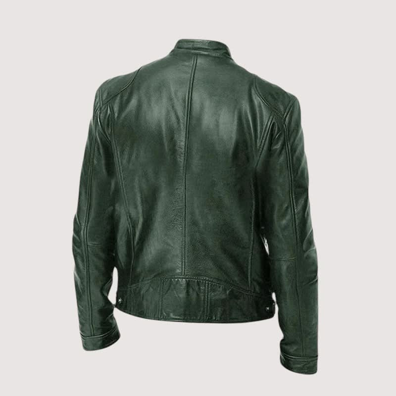 Men's Mandarin Collar Leather Jacket | Clean Cut Versatile Fit Angle