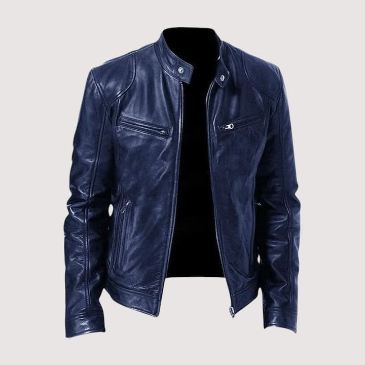 Men's Mandarin Collar Leather Jacket | Clean Cut Versatile Fit Close Up