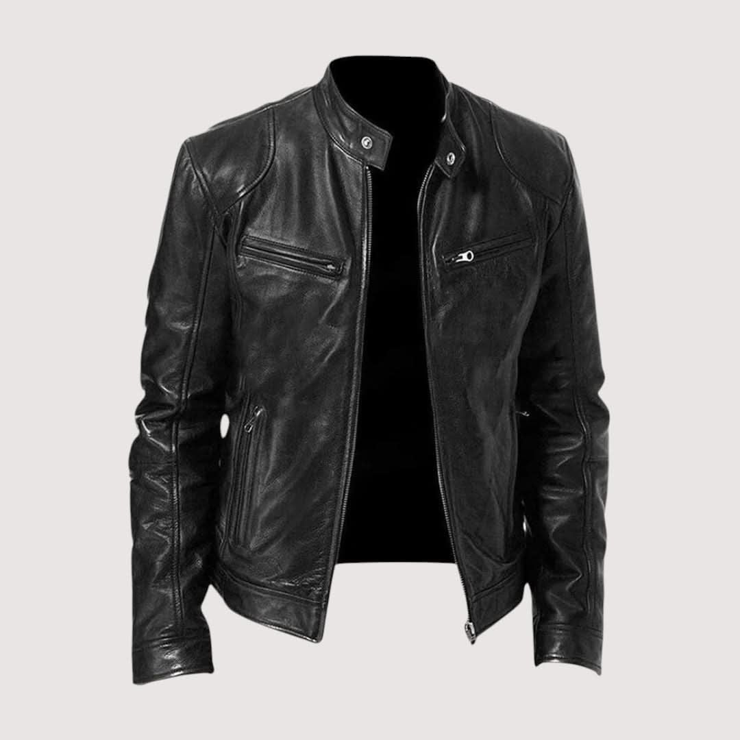 Men's Mandarin Collar Leather Jacket | Clean Cut Versatile Fit Front