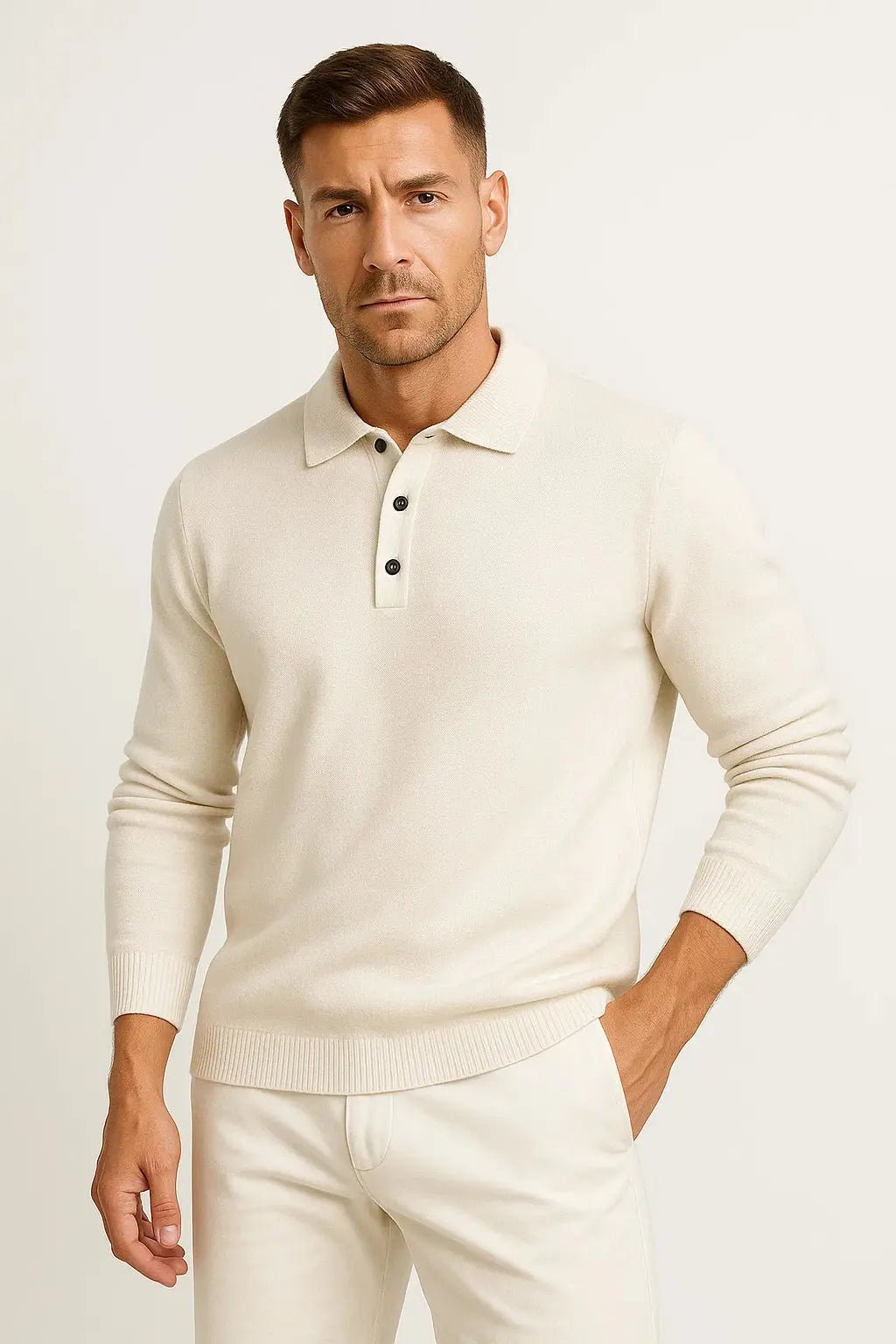 Men's Merino Wool Long Sleeve Knit Polo Sweater | Classic Collar Pull Detail