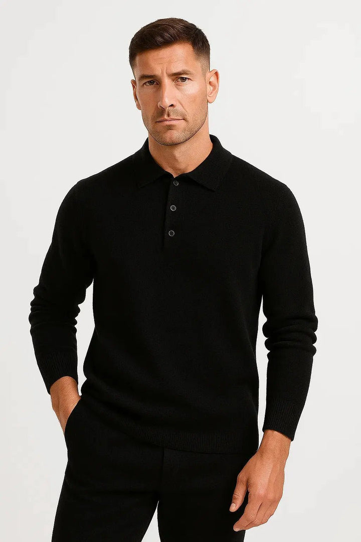 Men's Merino Wool Long Sleeve Knit Polo Sweater | Classic Collar Pull Front